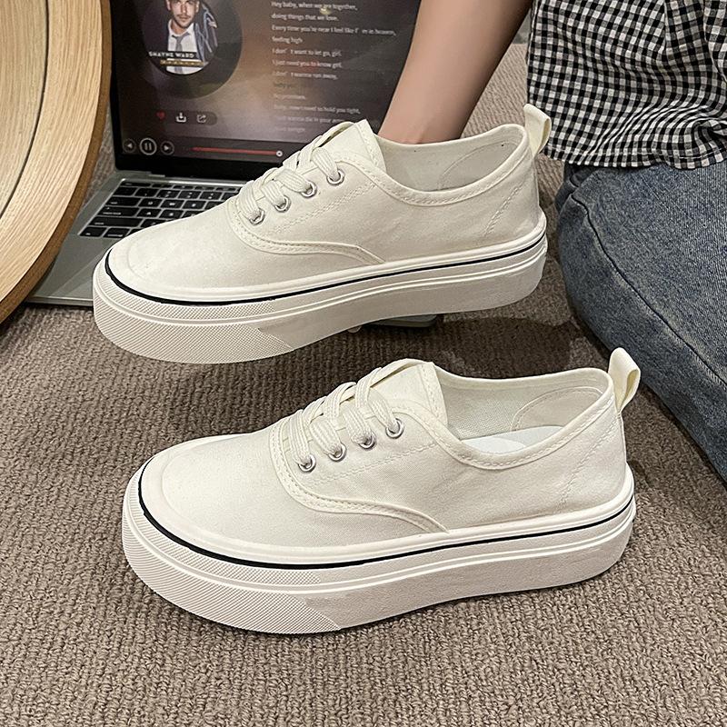 Thick Soled Women Canvas Shoes White Low Cut Casual Designer Sneakers with Versatile Straps