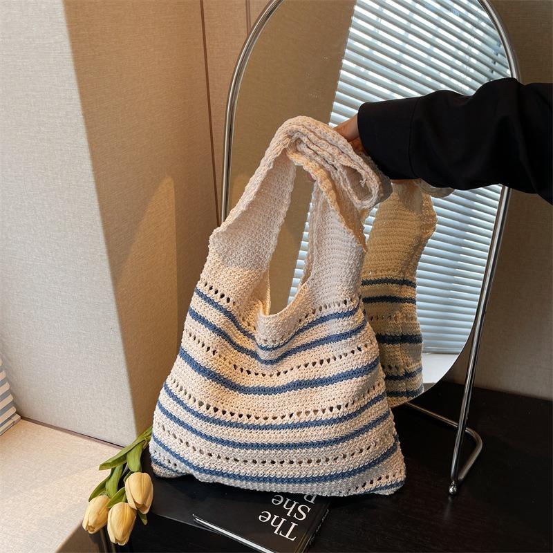 Large Capacity Knitted Bag Women's Summer New Versatile Striped Woven Bag Seaside Leisure Beach Bag