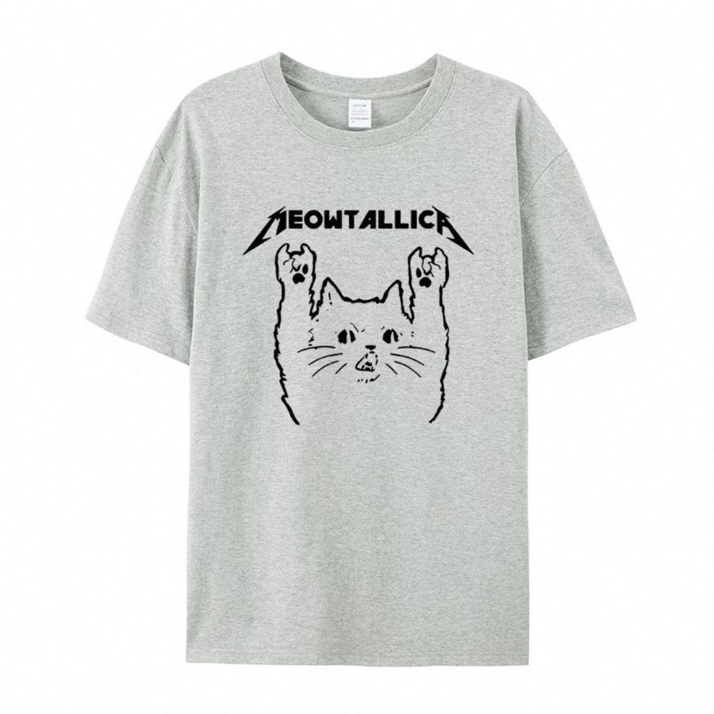 Parody Metal Band Meowtallica Cat Cartoon Print Summer Pure Cotton Round-neck Pullover Men's and Women's Short-sleeved Cotton