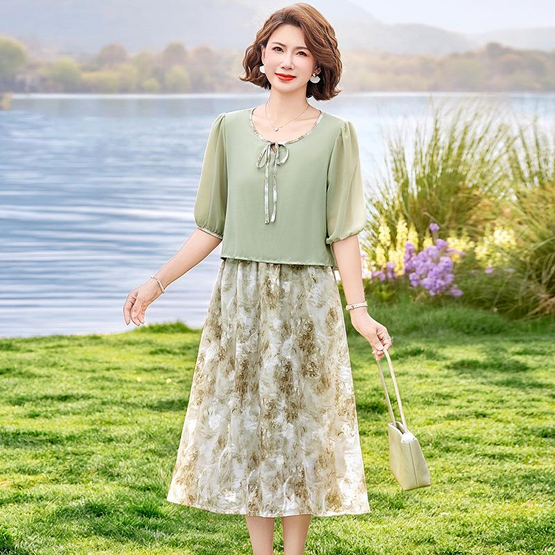 Elegant Summer Chiffon Dress for Middle-Aged Women - New Chinese Style Fashion