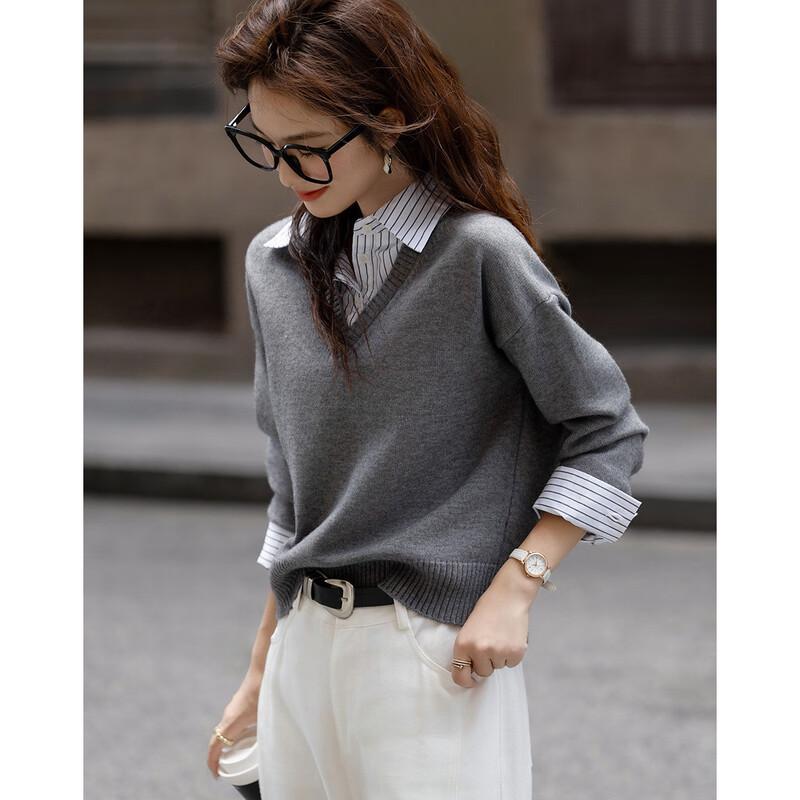 Demana Women's Scholarly Patchwork Lapel Knit Sweater