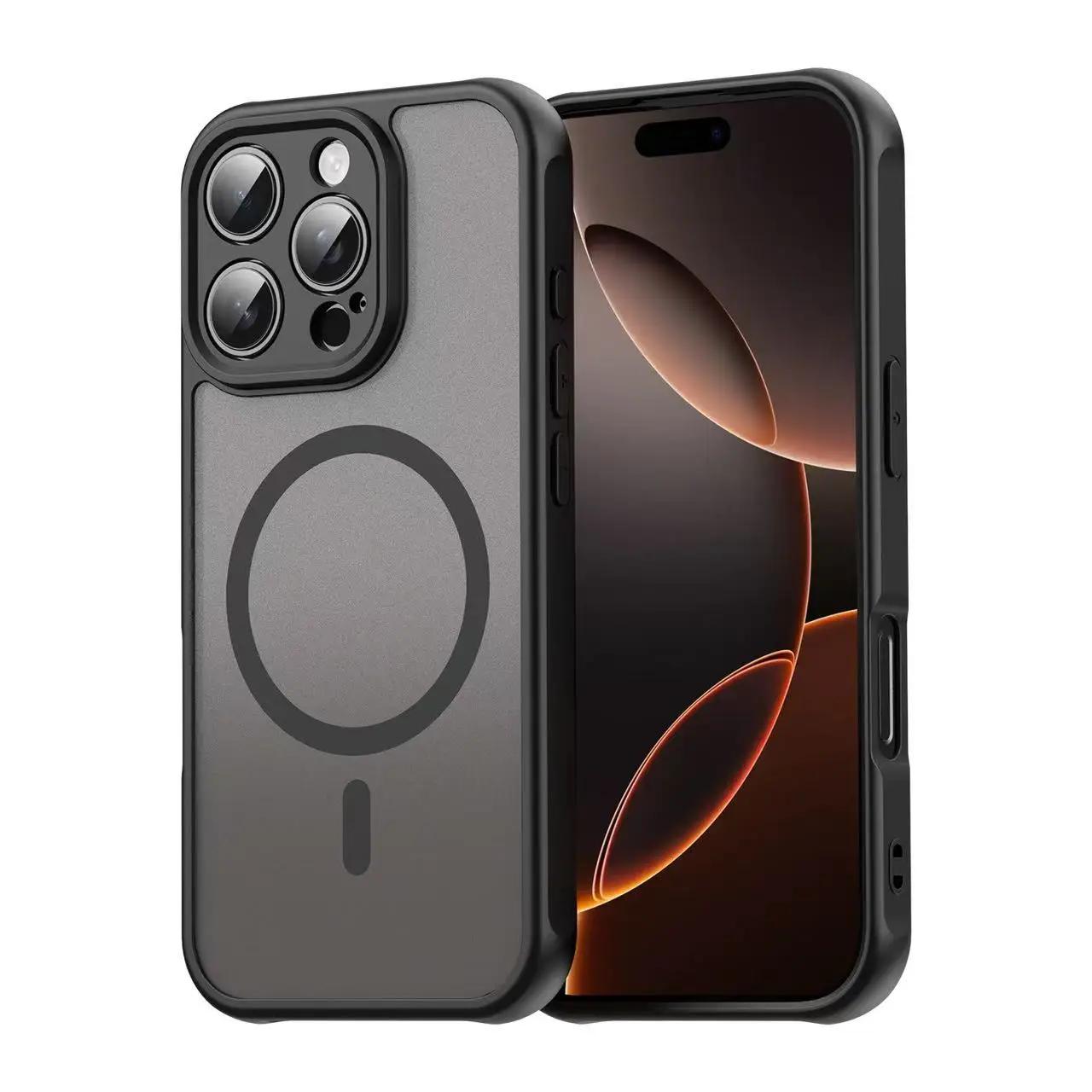 

IPhone 17 Pro Max Magnetic Wireless Charge Shockproof Cover for Iphone 16 Pro Max Coque Luxury Matte Clear for Magsafe Case For Iphone 16 PROMAX чёрный