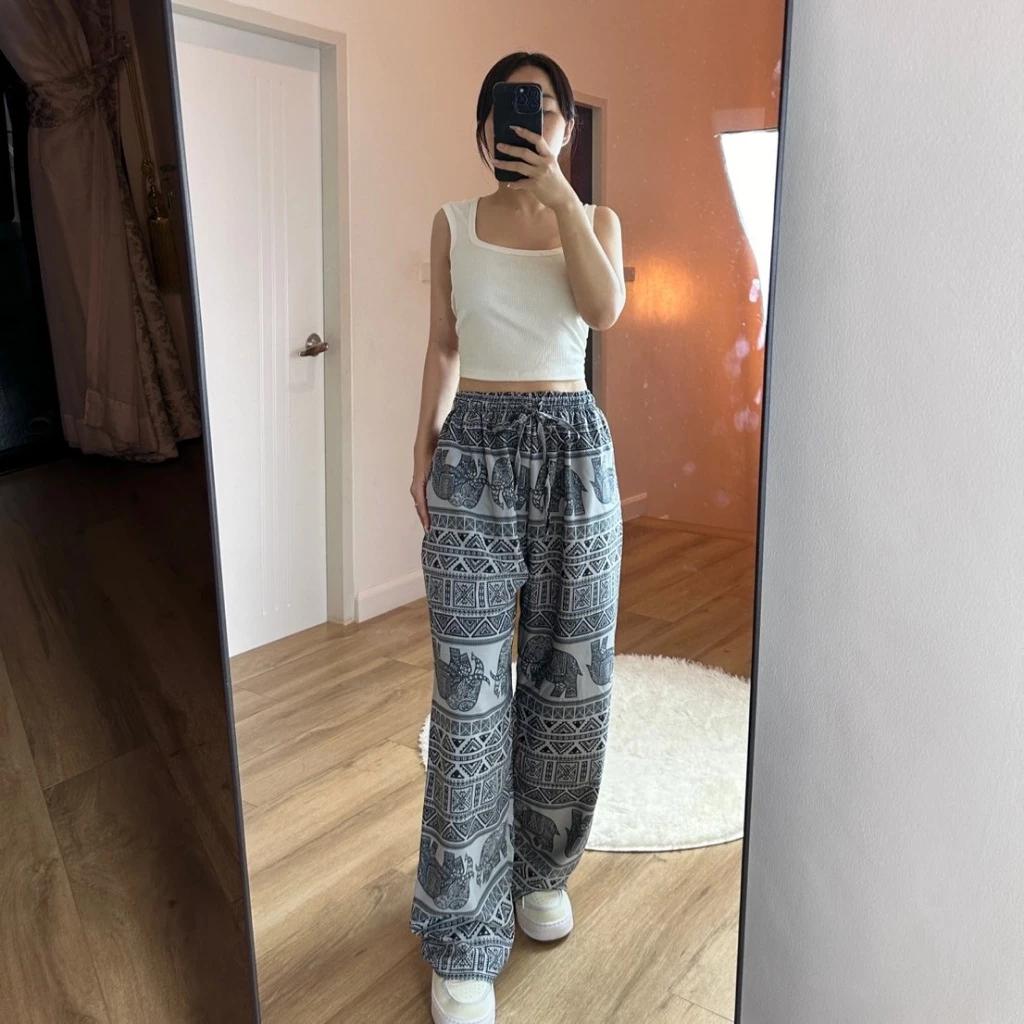 Elephant Pants Women Men Unisex Premium Japanese Silk Print Thailand Casual Streetwear Beach Bohemian Retro Vintage Adjustable Rope Loose Legs