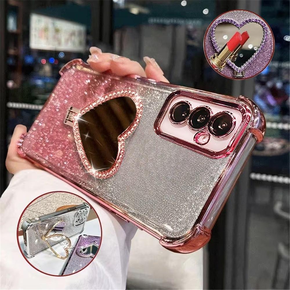 Glitter Heart Mirror Holder Stand Phone Case For Samsung A53 A52 A32 A13 A23 A33 A73 A12 A22 A03S Shockproof Soft Silicone Cover