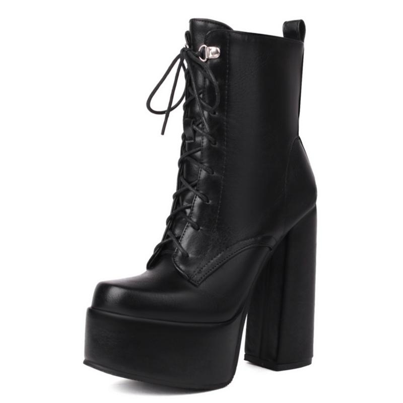 Platform Ankle Boots For Women White Black Punk Gothic High Heels Motorcycle Boots Lace-up Autumn Winter Shoes Female Waterproof