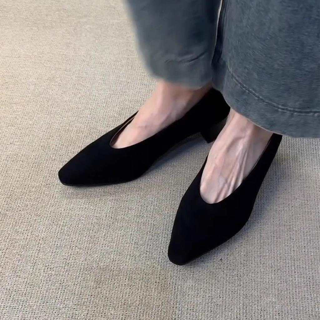 Leather version~ Commuter matte leather simple one-pedal single shoes women's French shallow mouth square head retro thick heel grandma shoes