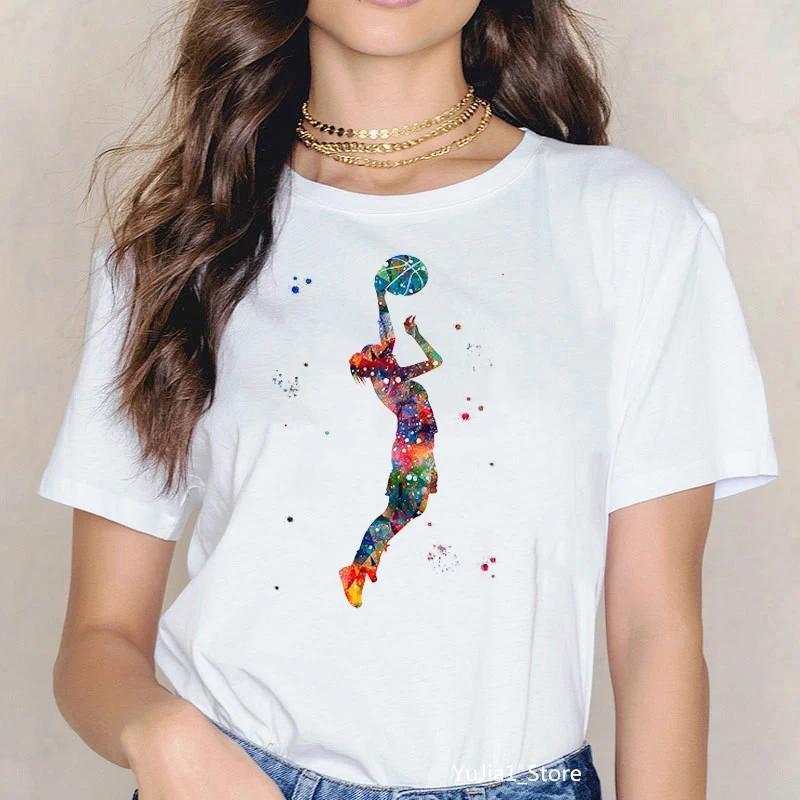 Summer 2024 Watercolor Basketball Girl Art Print Tee Shirt Femme 90s Sports Camisatas Mujer Tees Harajuku Kawaii Tops Tshirts