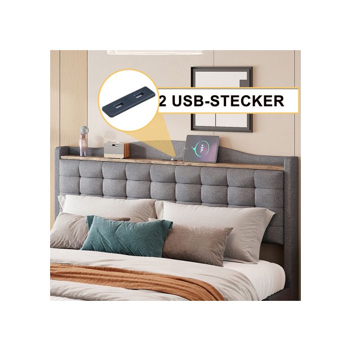 Lit double rembourré - MUVOE - 160x200 cm - Tiroirs de rangement - Prise USB intégrée - Tissu lin gris