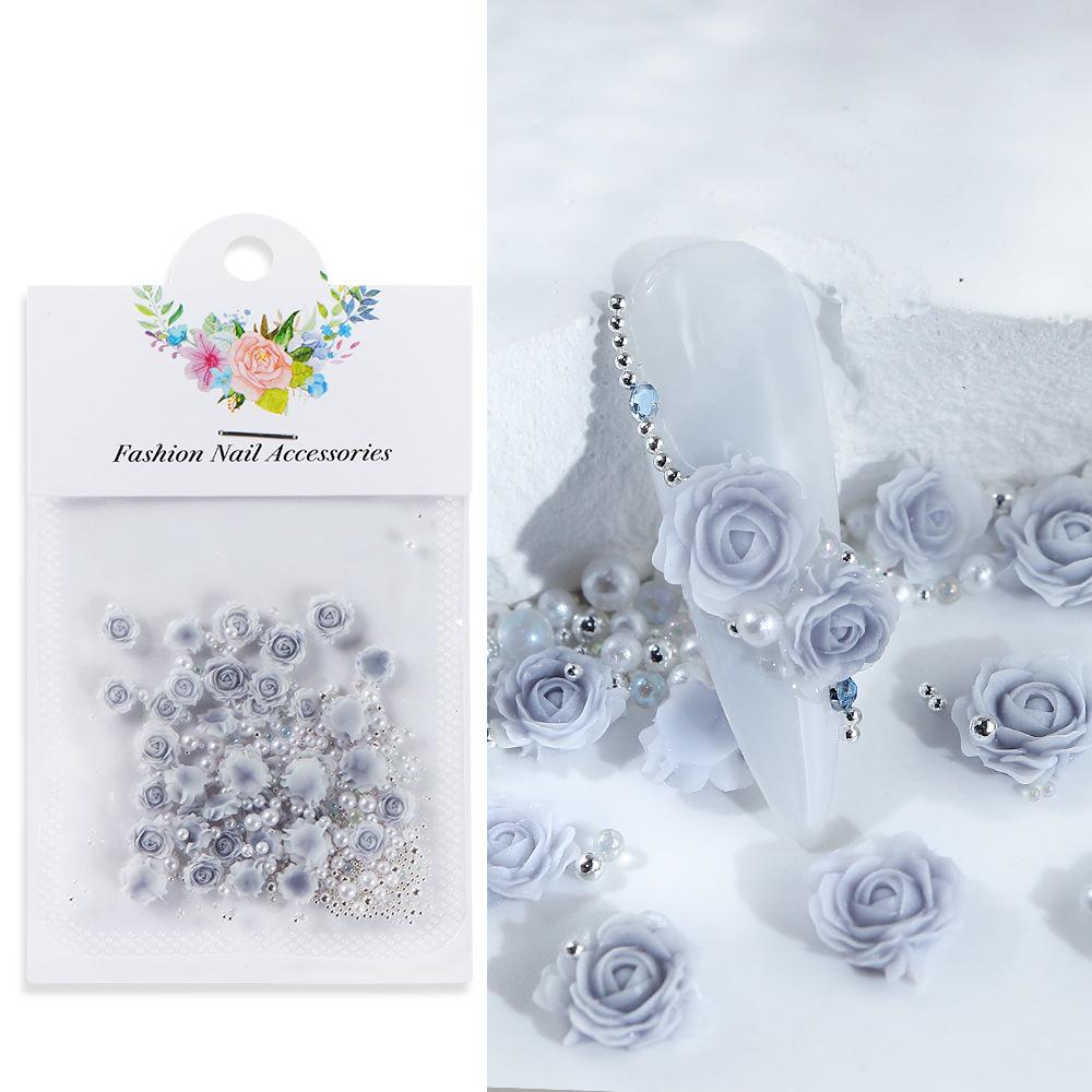 3 Packs 30 Gradient Carved Rose Nail Accessories, Dragon Sand, Gemstones, Rose Flowers with Steel Beads and Pearls, Nail Accessories