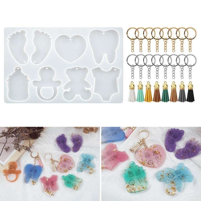 Cute Silicone Resin Keychain Mold Set Jewelry Pendant Casting Mold DIY Epoxy Keychain Mold with Keychain Rings Tassel