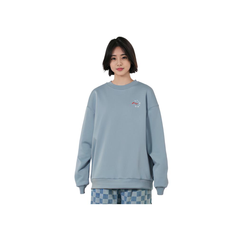 Li Ning Fitness Series Logo Print Solid Color Loose Round Neck Pullover Sweatshirt Women Sweatshirt Mist-Blue AWDR874-7