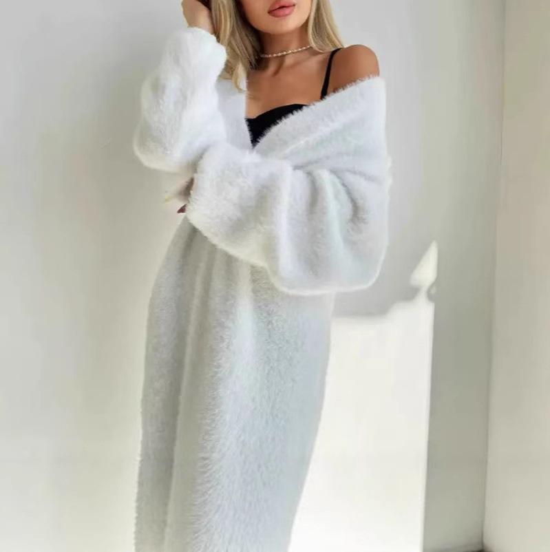 Women's White Long Knitted Over-the-Knee Cardigan - Imitation Mink Velvet
