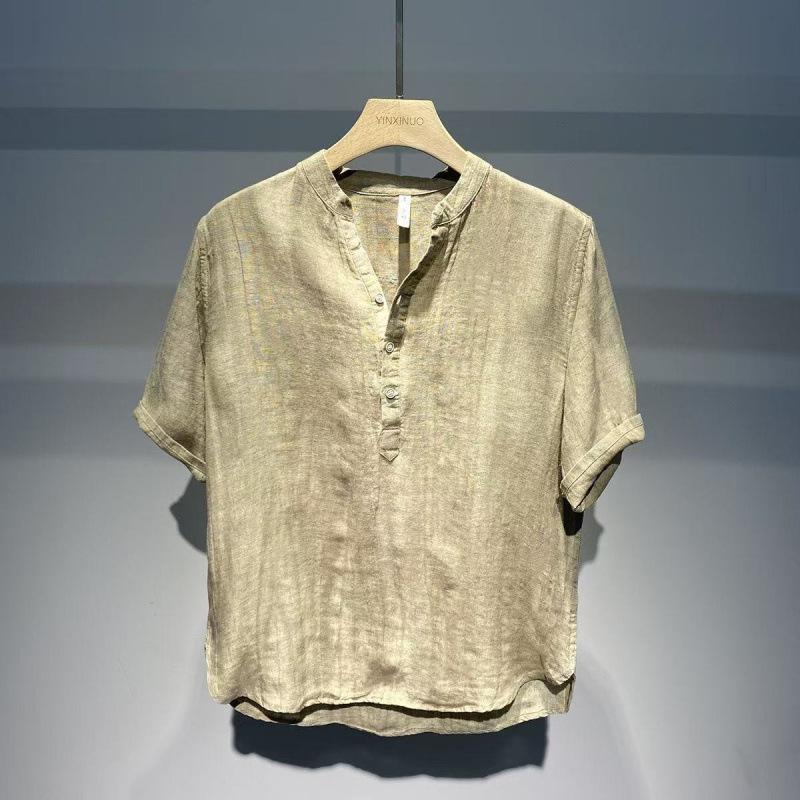 

Men Linen Mandarin Collar Half Button Short Sleeve Shirt Casual Loose Breathable Summer Top M коричневый