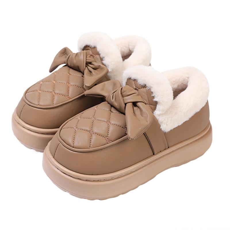 Warm Edge Cotton Slippers Winter Bow Outer Wear Velvet Thickened Warm Pu Leather Waterproof Bag and Cotton Shoes