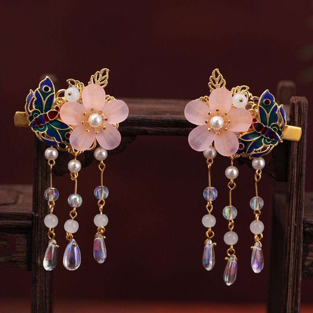 1Pair Pearl Hanfu Duckbill Clip Peacock Tassel Hairpin Sweet Hanfu Flower Hair Clip  Female/Children