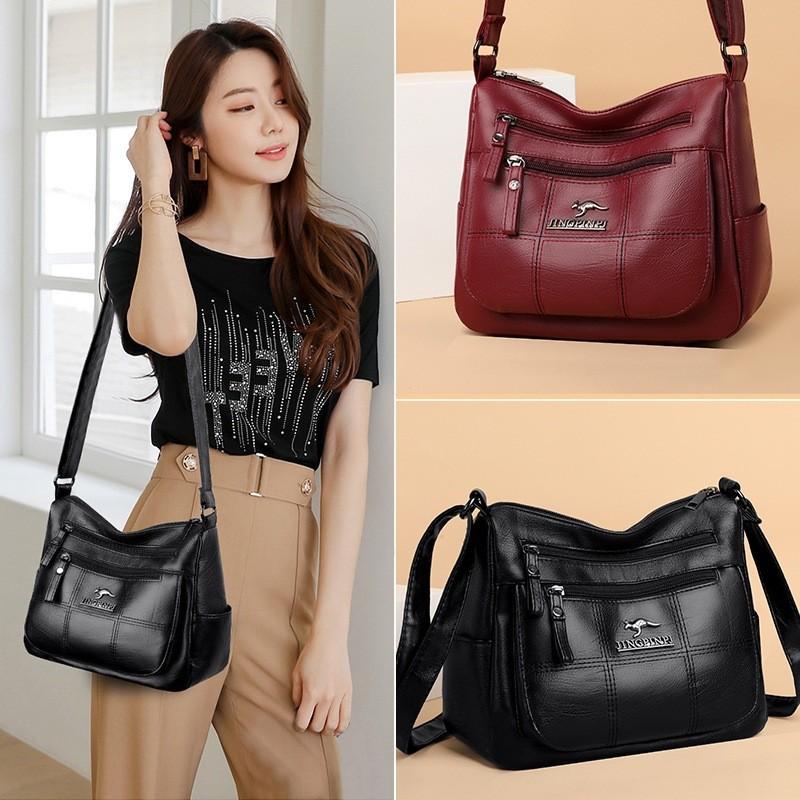 Pu Leather Retro Crossbody Bag For Middleaged Women With Zipper Closure And Stitching Details