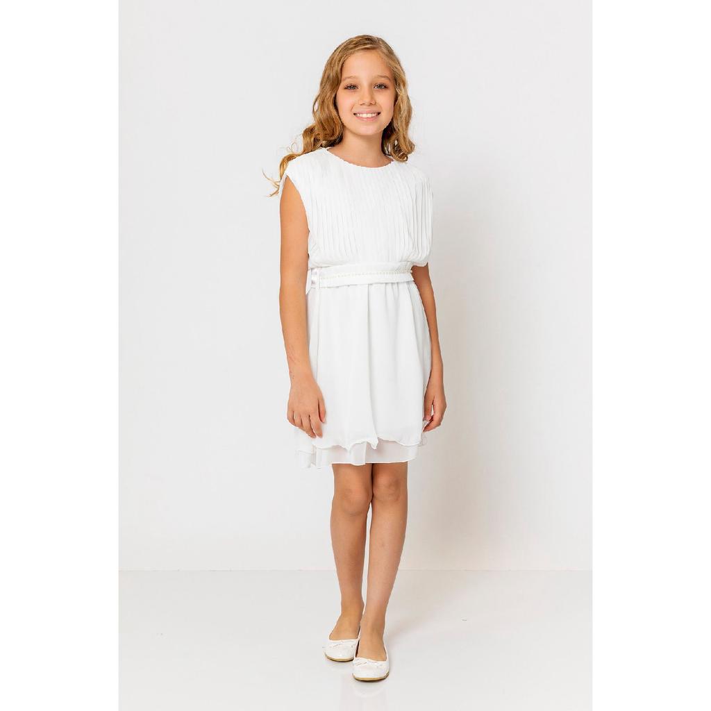 Girl's Round Neck Belted Pleated Dress