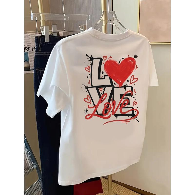 Love Heart Print Short Sleeve T-Shirt | Casual Crew Neck Top for Women, Fashionable Spring/Summer Apparel