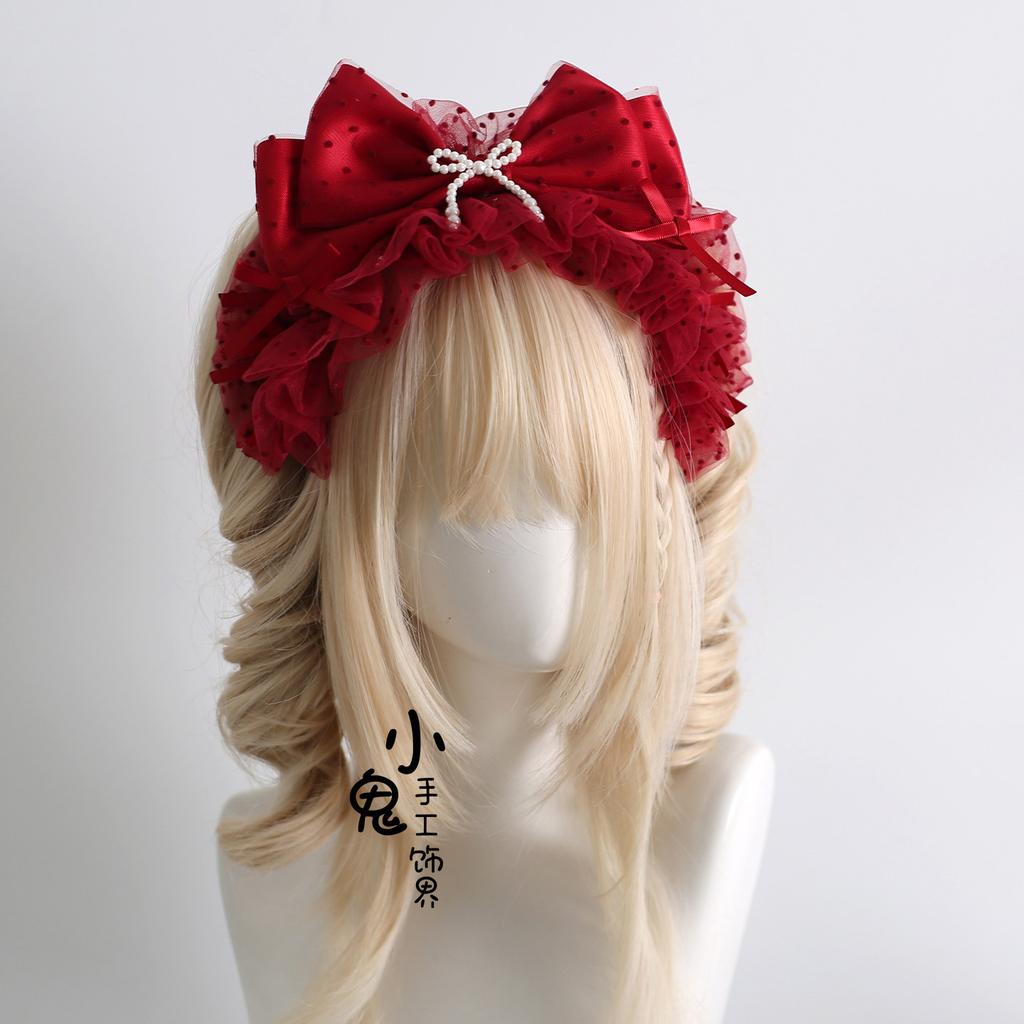 Dark Red Lolita Ribbon Strawberry Doll Top Hat Headband Hand Sleeve Headband Hair Accessories Original Lolita Headband