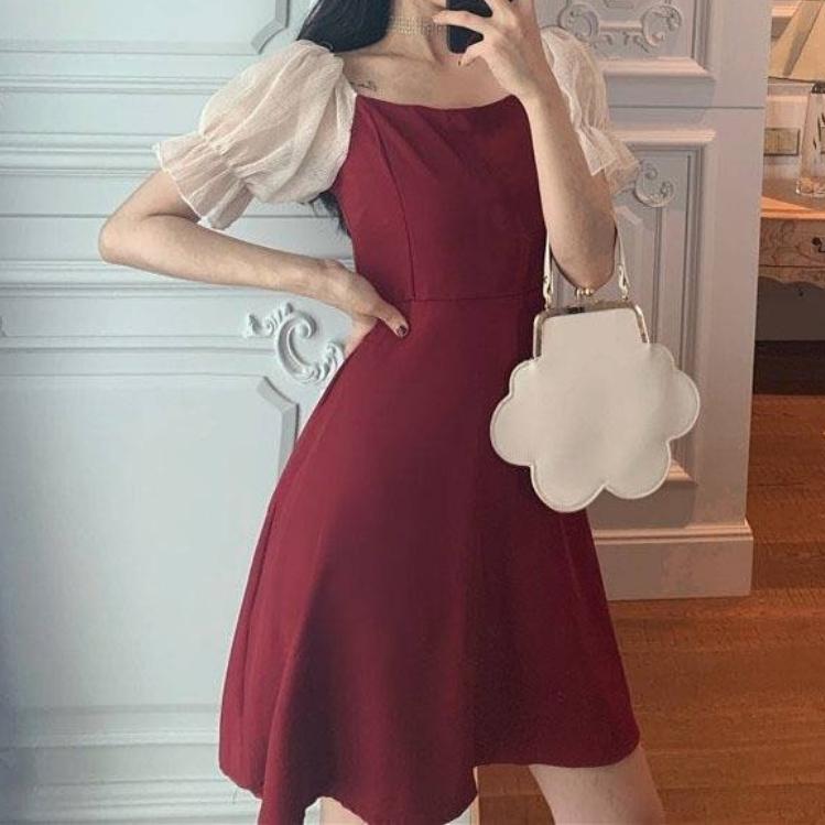 GMXIA Sommer Off-shoulder Firkantet Hals Sexy Kjole Dame Midje Slanking Puffermer Skjørt