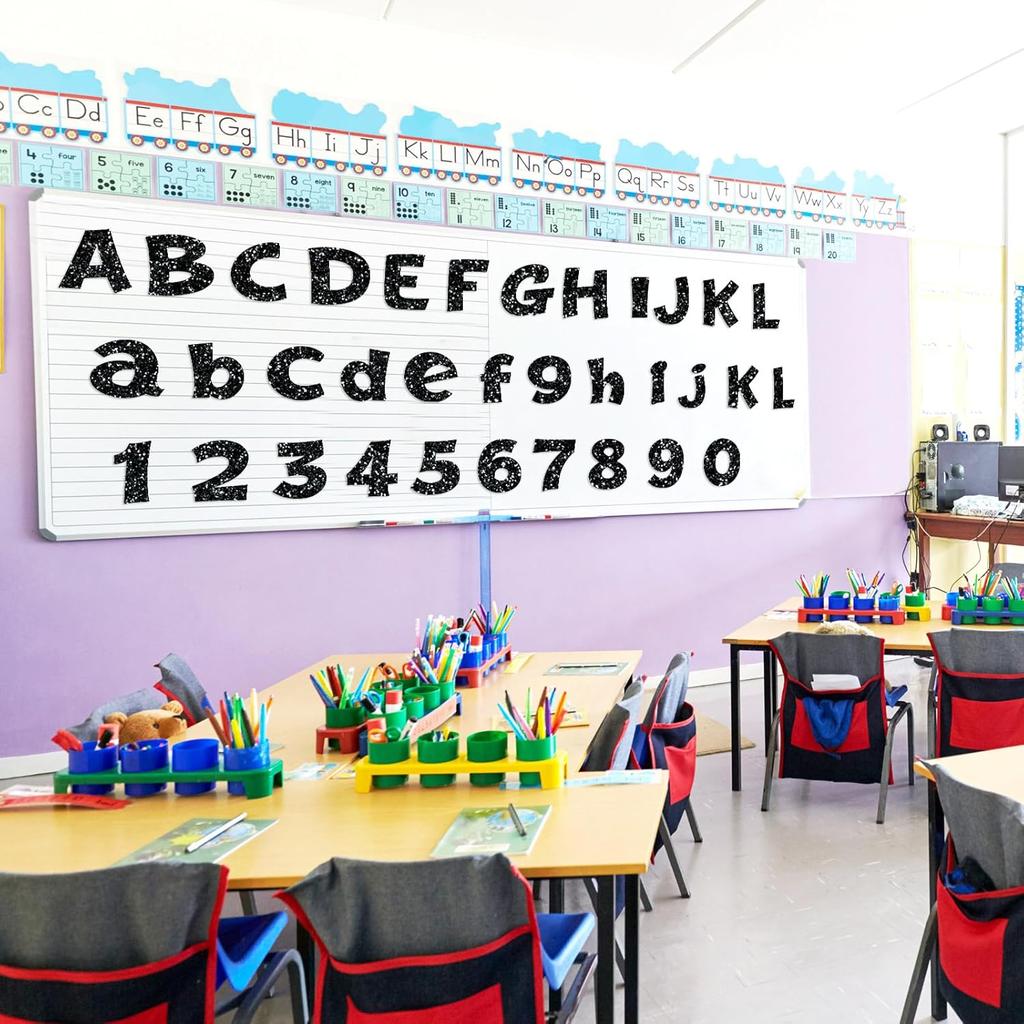 72 Pcs Glitter Cutout Bulletin Board Letters for Classroom 4" Upper and Lowercase Alphabet Numbers Punctuation with Adhesive Dots for Back to School