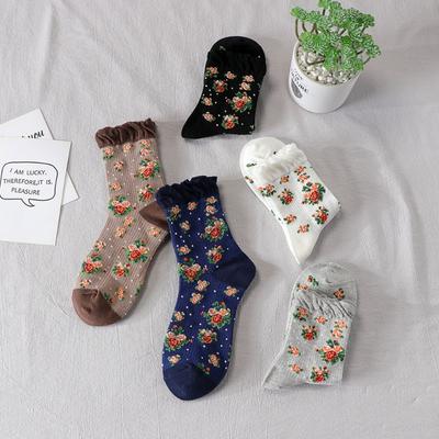 5 Paar Damen Frühling und Sommer Dünne Retro Ethno-Stil Blumen Verschiedene Stapelsocken