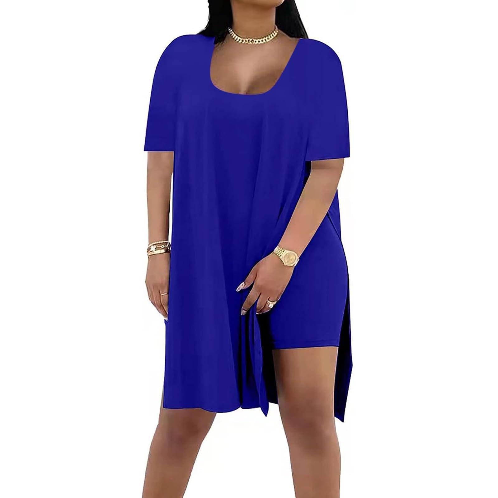 

Модный женский летний однотонный свободный костюм из двух частей с короткими рукавами XXL синий
