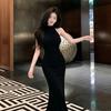 French Vintage Black Halter Long Dress for Women, Mid-length Turtleneck, Waist-cinching Slimming Elegant Evening Dress