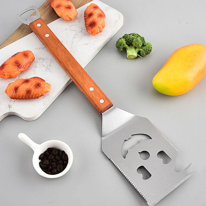 Multifunction BBQ Tool - Outdoor Grill Spatula, Stainless Steel, Wooden Handle - Best BBQ Gifts for Men