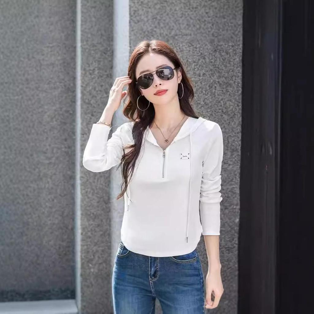 Damen Frühling und Herbst T-Shirt Modisches und vielseitiges koreanisches Slim Fit Kapuzen-Sweatshirt mit Reißverschluss aus Baumwolle