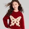 Girls' Winter Mink Velvet Butterfly Sweater - New Year Red Knit Pullover 2026