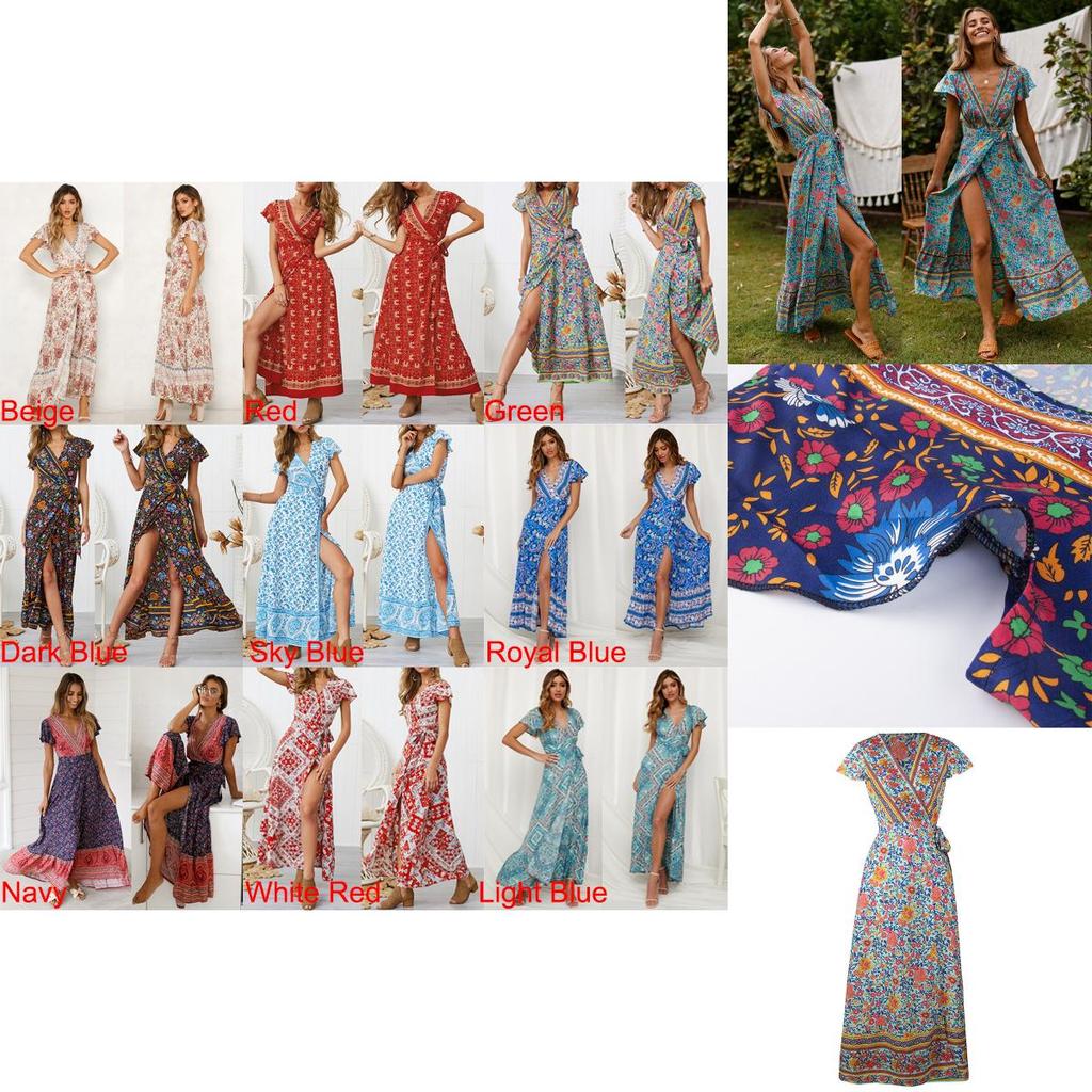 Women Wrap Summer Boho Floral Paisley Maxi Print Dress For Effortless Style