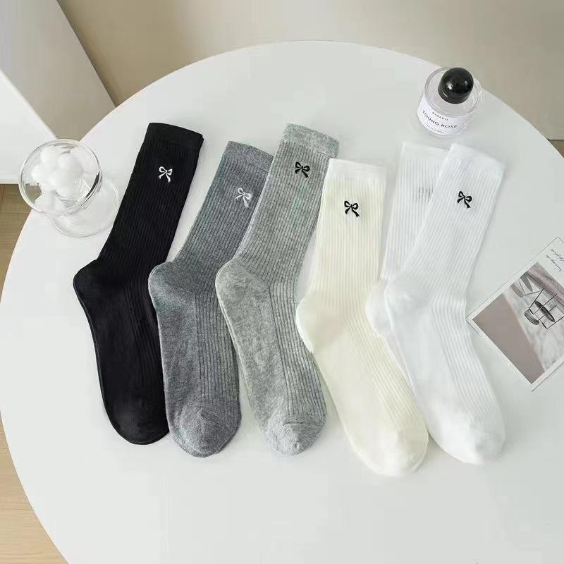 

5 пар женских носков средней длины с бантом-бабочкой, однотонные, легкие, дышащие, мягкие, удобные, повседневные, длинные носки One Size
