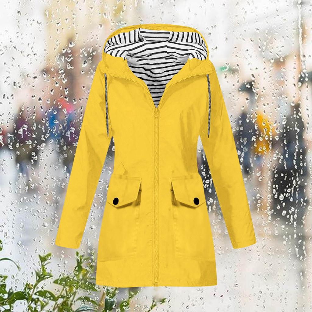 Women Stripe Rain Jacket Outdoor Plus Hooded Raincoat Windproof