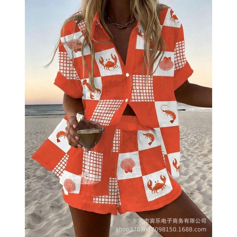 Conjunto de pantalones cortos de playa y camisa de manga corta para mujer, multicolor, vida marina, ocio, vacaciones, conjunto de dos piezas