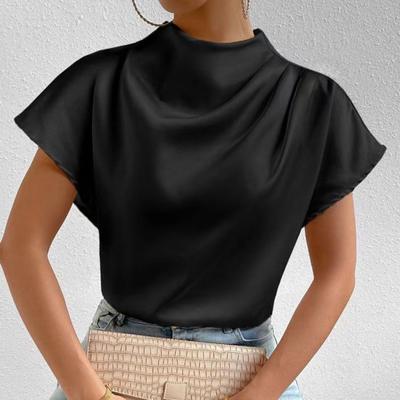 Damen Casual Tops Kragen Kurzarm Farbe Glatt Plissee T-Shirt Solide Halbhohe Satin Pullover Tops