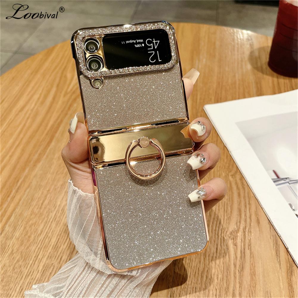 Glitter Ring Holder Stand Case for Samsung Galaxy Z Flip 5 4 3 6 7 ZFlip 7 Flip5 Bracket Bling Diamond Gradient Plating Cover