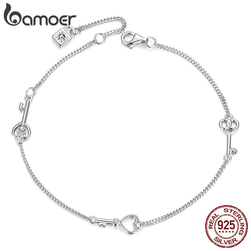 Bamoer 925 Sterling Silver Hollowed Heart Chain Bracelet Adjustable Key Lock Charm Link Chain for Women Minimalist Wrist Decor