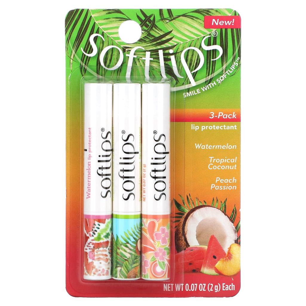 Softlips Lippenschutz, Wassermelone, Tropical Coconut, Peach Passion, 3 Stück, 2g (0,07 Unzen) jeder