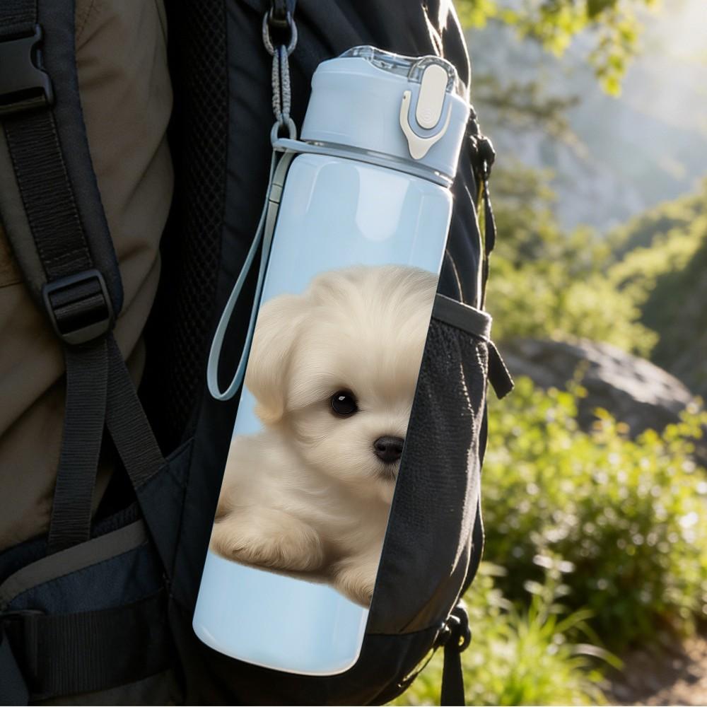 1PC Cute Fluffy White Puppy 750ml Color Plastic Sports Water Bottle Leakproof Flip Straw Lid Suitable for Sports Office Home Use