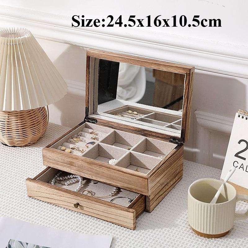 Vintage Jewelry Box Solid Wood Containers Two Layers Necklace Earrings Display Boxes with Mirror Jewelry Accessories