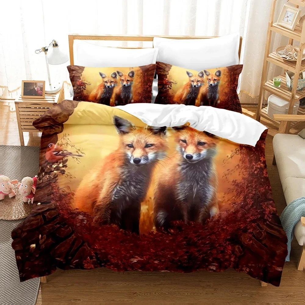 Cartoon Fuchs Bettwäsche Set Niedlicher Fuchs mit Blume Feder Stirnband Bettbezug Einzelbett Doppelbett Queen-Size King-Size Polyester Bettbezug Mädchen Jungen