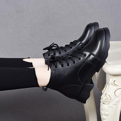 Martin Boots Women's Autumn and Winter New Round Head Lace-up Casual Short Boots Black Cowhide Flat Cotton Boots Women's Leather Boots
