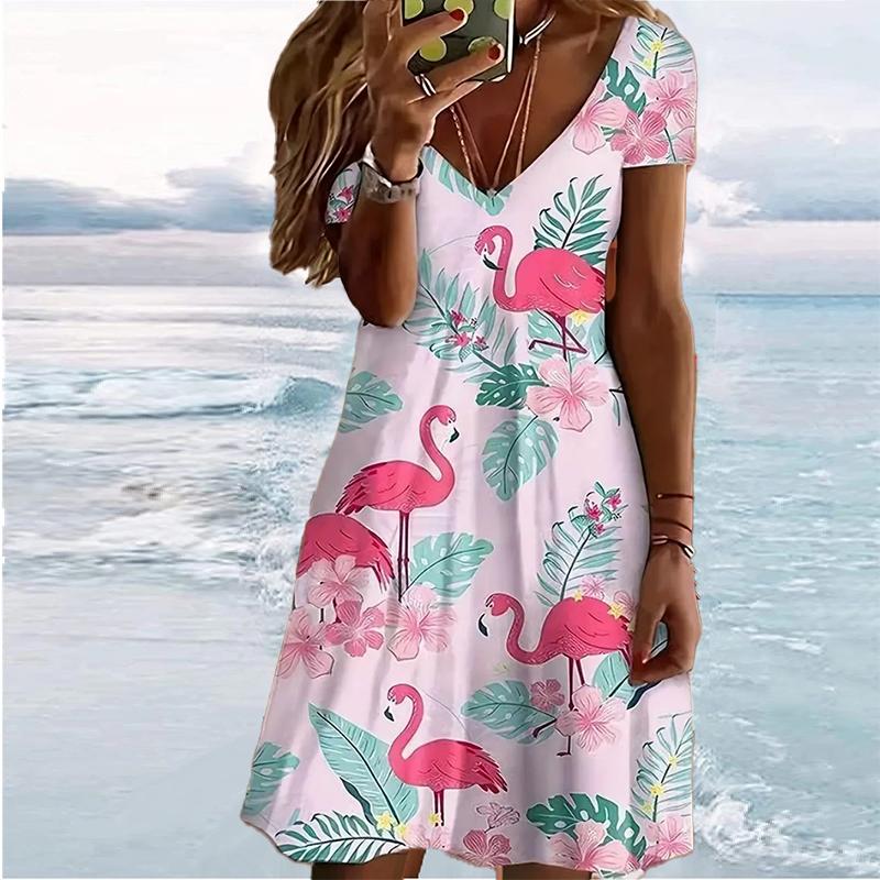 

Летняя мода Женское платье с V-образным вырезом и короткими рукавами с принтом фламинго Сексуальные платья с короткой юбкой 5XL розовый
