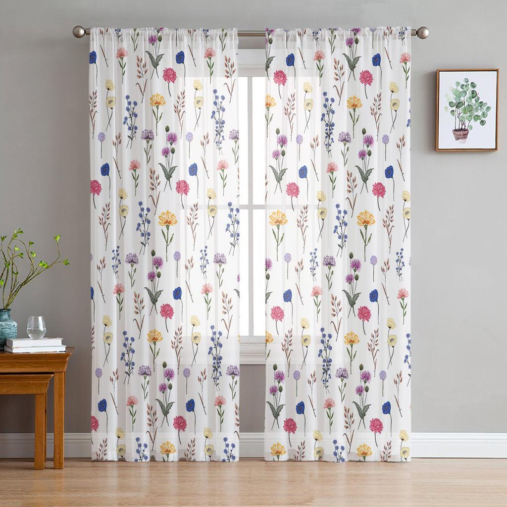 Yellow Flower Watercolor Leaves Sheer Curtains Ideal for Living Room Ornamentation Window Curtains Cooking Area Tulle Voile Organza Drapes