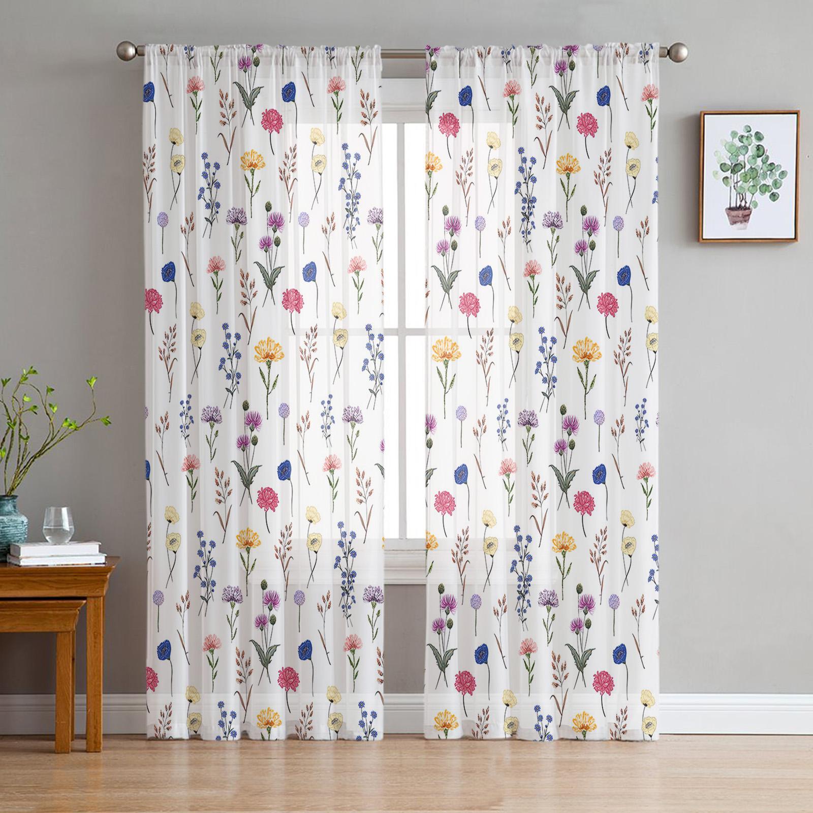 

Yellow Flower Watercolor Leaves Sheer Curtains Ideal for Living Room Ornamentation Window Curtains Cooking Area Tulle Voile Organza Drapes W135 x H115cm x1&Grommet Top