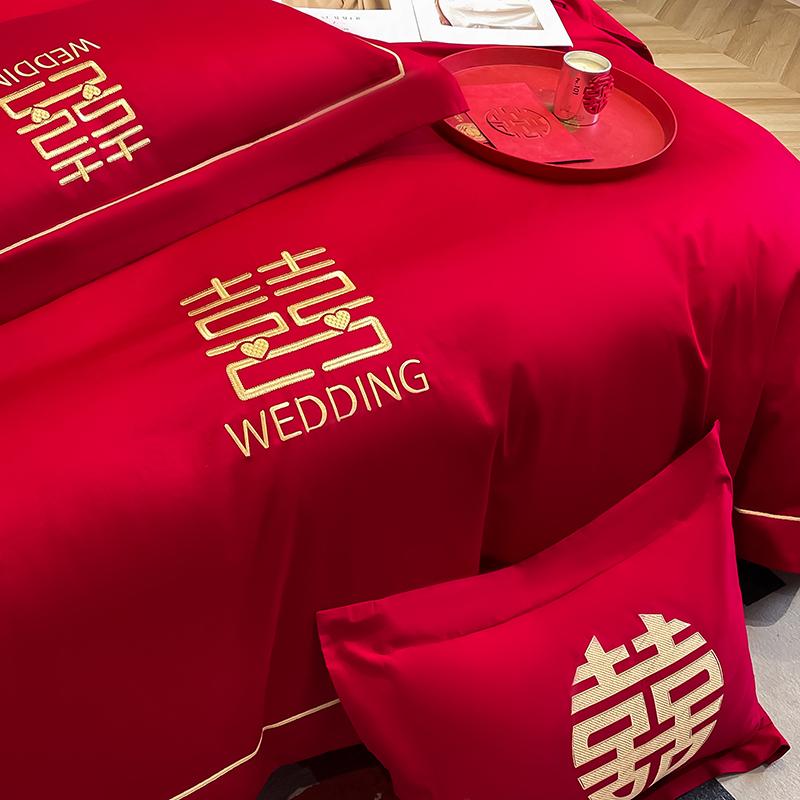 Skin Friendly Cotton Brushed Wedding Embroidery 4-piece Set, Big Red Wedding Bed 4-piece Set, Modern Style Wedding 4-piece Set