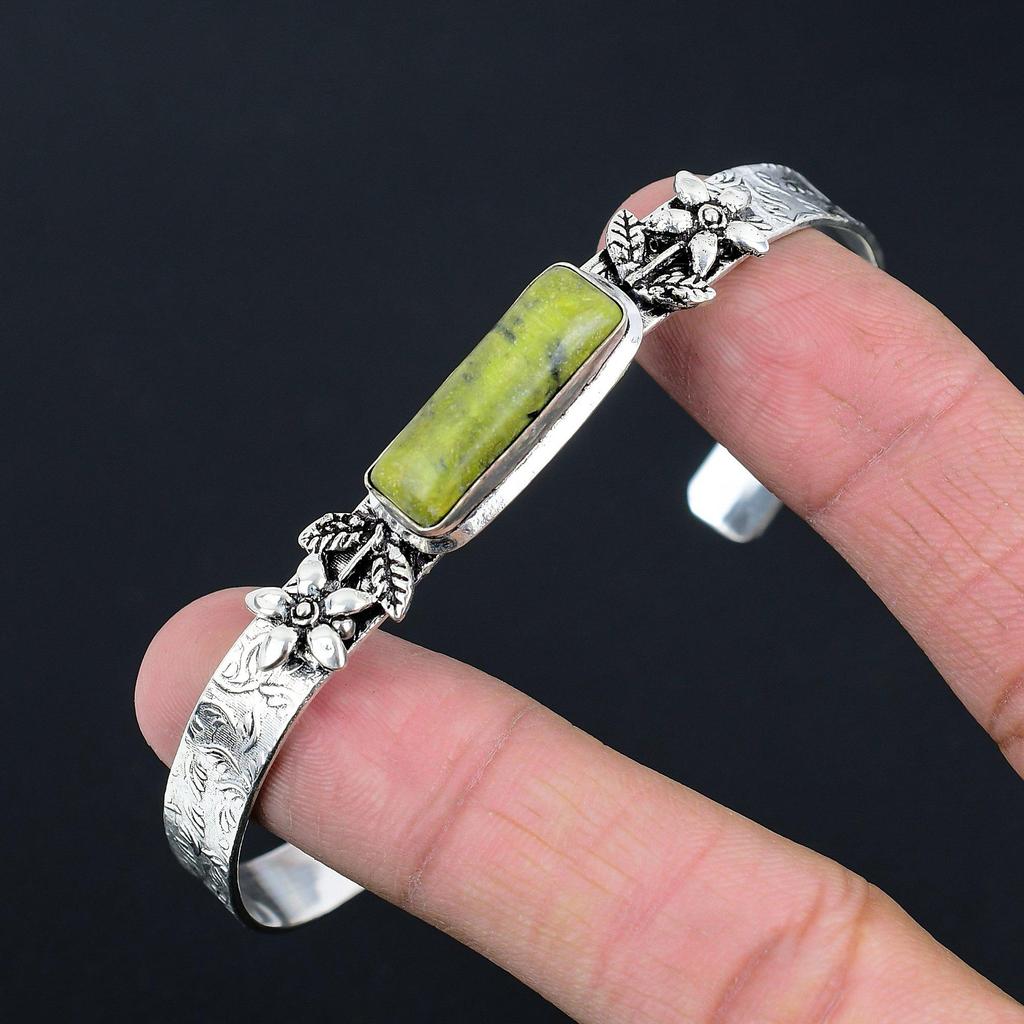 925 Sterling Silver Rectangle Natural Atlantisite Flower Birthday Bangle Jewelry