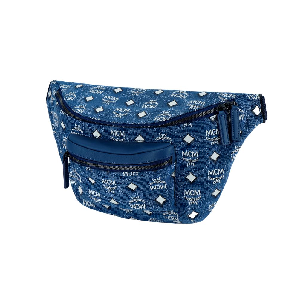 New MCM Fursten Visetos Denim Jacquard Nappa Leather Trim Shoulder Bag, Crossbody Bag, Fanny Pack Regular Women's Blue MMZDSFI01LE001