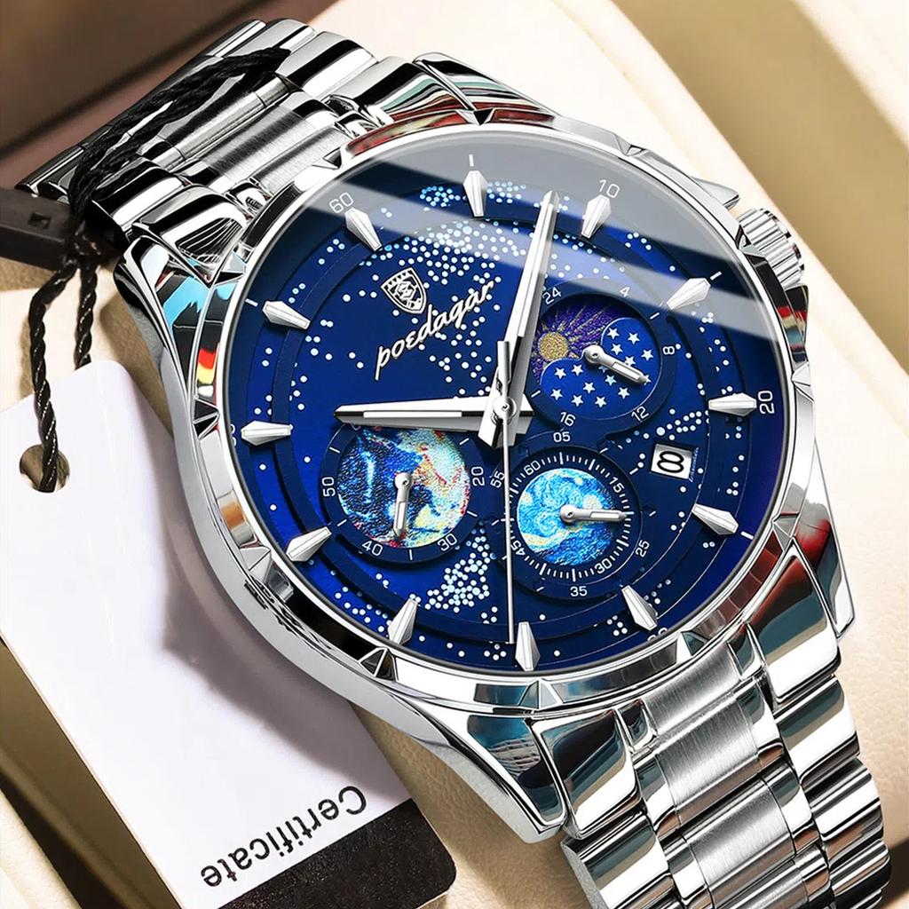 Top Luxury Brand New Multifunctional Luminous Men's Watch Waterproof Quartz Watch Stainless Steel Star Dial Clock Male Chronograph
